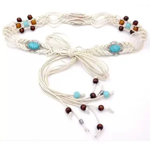 Bohemian woven waist chain with turquoise and wooden beads, stylish boho belt accessory for women.