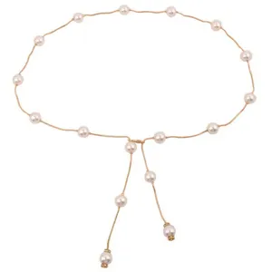Elegant women gold chain belt with faux pearls Y-shaped tassel waist accessory chic