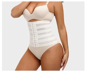 Beige breathable waist trainer detail, mesh shapewear corset postpartum belly wrap.