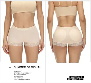 Women padded butt lifter shapewear seamless breathable control panty with lace trim detail.