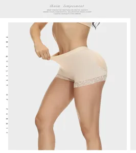 Detailed view of women's padded shapewear hip enhancer briefs with delicate lace trim.