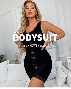 Black sleeveless shapewear bodysuit with front hook-and-eye closure and elegant lace trim detail.