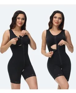 Details of black body shaper with front hook closure and lace trim for slim fit look.