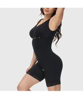 Detail view of a black full-body shapewear bodysuit with front hook-and-eye closure and lace trim.