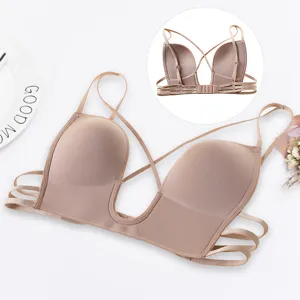 Women's Sexy U-Neck Cross Backless Bra Solid Color Push Up Bralette Comfortable Seamless Underwear For Evening Dress Party
