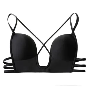 Black U-shaped low cut plunge strappy bra, cross back sexy push up lingerie for women main view