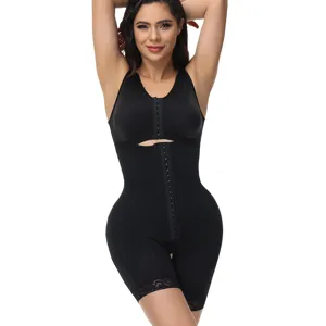 Black full body shapewear corset with front hook closures and lace trim for women.