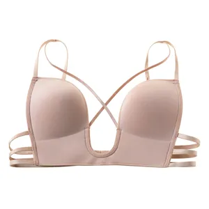 Deep plunge low cut cross back push up bra nude sexy backless dress underwear for women