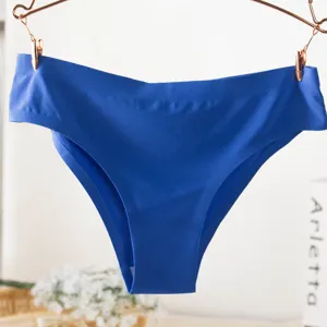 Detail shot of seamless ice silk women's panties in bright blue, showing edge and fabric texture.