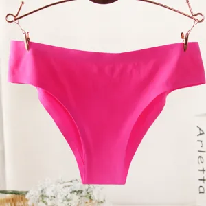 Hot pink seamless ice silk women briefs close-up, elastic pressed edge panty with cotton crotch.
