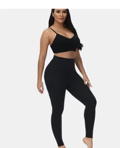 Detailed view of women black high-waist tummy control leggings and sports bra activewear set.