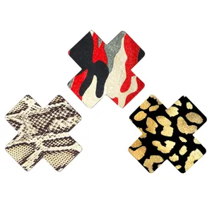 Cross-shaped disposable self-adhesive nipple covers with camo, snake, and leopard prints.