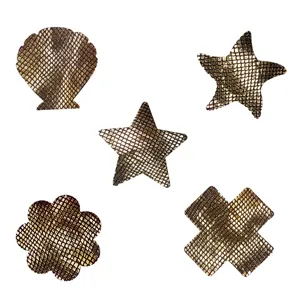 Disposable self-adhesive nipple covers in various shapes with gold snakeskin texture sets.