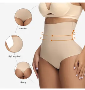 Taillenhohe nahtlose figurformende Tanga Unterwaesche zur Bauchweg und Schlankheitskontrolle.