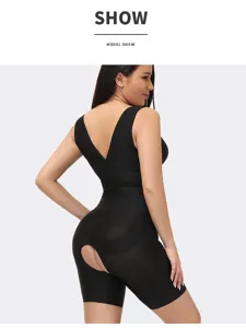 Detailed view of black seamless open-crotch shapewear bodysuit, back V-neck design.