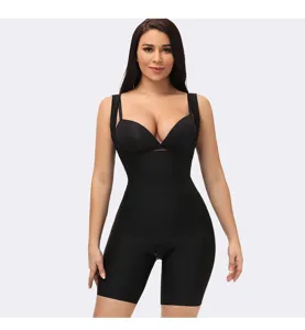 Black seamless full body shapewear bodysuit for women tummy control post partum recovery.