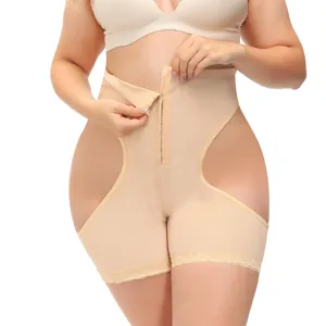 Plus size high waist tummy control shapewear shorts with hook closure and butt lifter design for women.