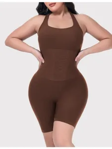 Detailed view of the brown seamless full body shapewear bodysuit showing firm tummy control.