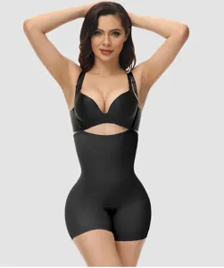 Black high waist shapewear bodysuit detail, tummy control compression garment features straps.