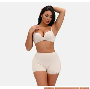 Women's high waist padded shapewear panty with lace trim and matching beige bra set.