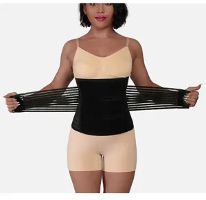 Detail shot of black waist trainer belt for postpartum recovery, fitness, and body shaping support.