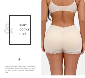 Women's high waist padded hip enhancer shapewear with delicate lace trim for tummy control.
