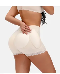 Women high waist padded butt lifter shapewear panties with lace trim and hip enhancement.