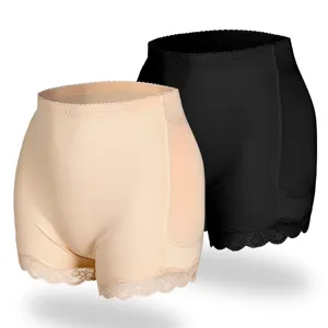 Women high waist hip enhancer padded butt lifter shapewear shorts with lace trim nude black