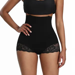 Schwarzer Damen Taillenformer Miederhosen High Waist Bauchweg Hipster mit Spitzensaum.