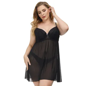 Femme Sexy Lingerie Dentelle Transparente Maille Cami Robe Grande Taille Chemise de Nuit Col V Vêtements de Nuit Noir
