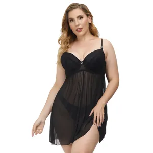Ensemble de lingerie babydoll en dentelle noire grande taille sexy avec bretelles ajustables.