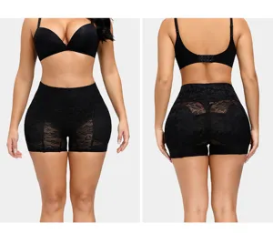 Black lace shapewear shorts detail view, breathable high waist tummy control hip lifting design.