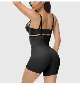 Black high waist shapewear bodysuit tummy control body shaper detail back view, slim fit.