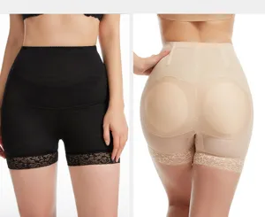 High-waist padded shapewear detail view, lace trim tummy control and butt lifting panty.