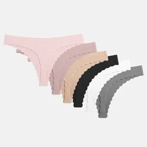 Women Seamless Ribbed Thongs Sexy Low Waist Panties Breathable Cotton Crotch Wavy Edge Underwear G-String For Women