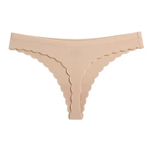 Women seamless ribbed thong low waist breathable nude scalloped edge sexy daily panties