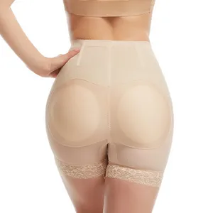 High waist padded butt lifter shapewear beige lace control panties for women back view.