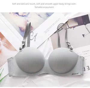 Grey seamless wireless push-up bra with double straps and comfortable striped texture.