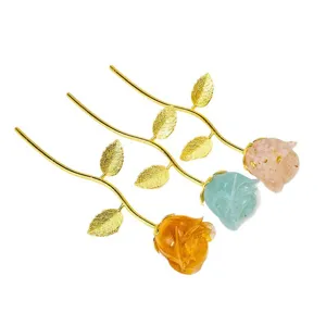 Crystal Stone Rose Flower Resin Gold Stem Valentine Day Gift Home Decor Ornament