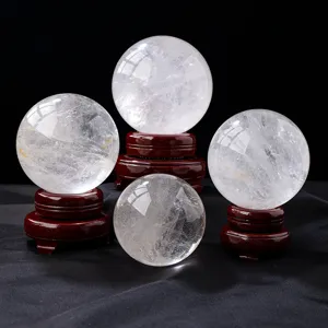 Natural White Crystal Ball Ornament With Wooden Base Transparent Ice Crackle Sphere Feng Shui Desk Decor Tabletop Sculpture
