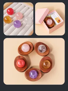 Natural crystal ball aromatherapy diffuser gift set with wooden ingot base and oil.