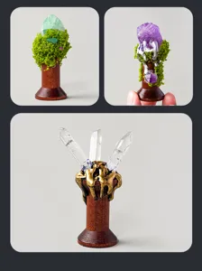 Handmade natural crystal wood base ornament forest style raw stone magic wand desktop decor