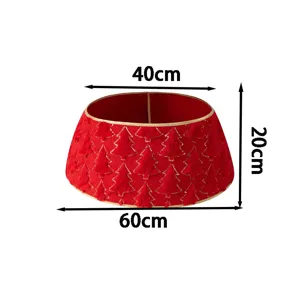 Red plush Christmas tree collar base cover detail with gold trim and tree patterns 40x60cm