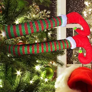 Christmas tree elf legs decoration red green striped plush holiday party hanging prop detail.