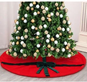 Red plush Christmas tree skirt with green velvet bow, 120cm festive holiday home decor.