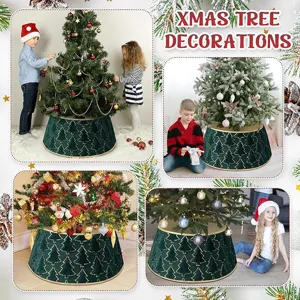 Detailed view of the luxury green velvet Christmas tree skirt with golden tree patterns.