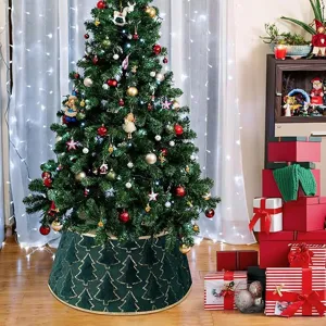 Festive green Christmas tree skirt with golden tree pattern for holiday party decor.
