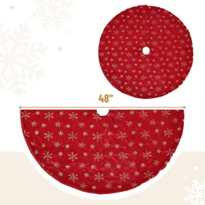 Red plush Christmas tree skirt with gold glitter snowflakes, 48 inch holiday party decor.