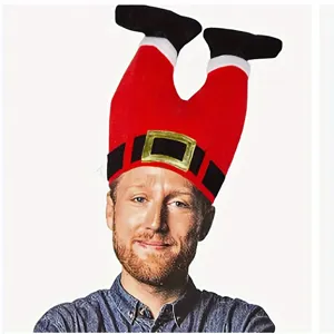 Funny upside-down Santa legs plush hat for Christmas party holiday costume decoration dress up.
