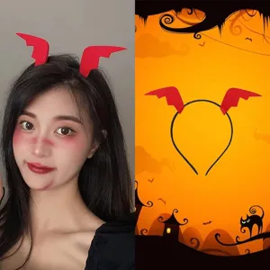 Halloween red bat wing headband detail view, festive hair accessory for party dress up.